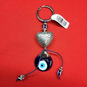 Keychain Key Ring Blue Glass Evil Eye Puffy Heart Silver Tone Metal Etched